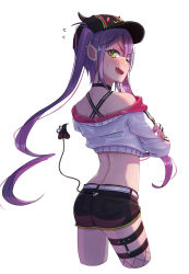 Rule 34 | 1girl, baseball cap, black choker, black hat, black shorts, blush, choker, cowboy shot, cropped legs, demon tail, ear piercing, earrings, floating hair, from behind, green eyes, hat, highres, hololive, jewelry, long hair, looking at viewer, looking back, midriff, multicolored hair, multicolored nails, nail polish, one eye closed, open mouth, piercing, pink hair, purple hair, red nails, shiny skin, short shorts, shorts, simple background, solo, standing, tail, tail ornament, tail piercing, tokoyami towa, twintails, two-tone hair, tyasuzu, very long hair, virtual youtuber, white background