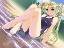 Rule 34 | 1girl, barefoot, beach, blonde hair, blue eyes, blush, day, feet, game cg, ino (magloid), legs, crossed legs, long hair, long legs, one-piece swimsuit, outdoors, school swimsuit, sitting, solo, swimsuit, toes, twintails, water