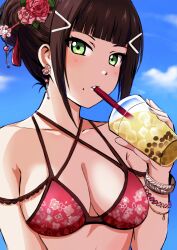 absurdres bikini black_hair blue_sky bow box_wonderland bracelet breasts bubble_tea cloud drink drinking drinking_straw earrings flower green_eyes hair_bow hair_ornament highres holding holding_drink iced_tea jewelry kurosawa_dia looking_at_viewer love_live! love_live!_sunshine!! mole official_alternate_costume outdoors red_flower red_rose rose sky swimsuit tea