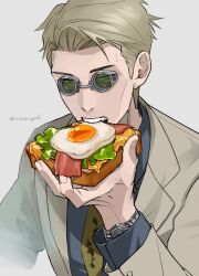 Rule 34 | 1boy, bacon, blonde hair, blue shirt, bread, cheese, collared shirt, eating, egg, food, formal, fried egg, goggles, grey suit, highres, holding, holding food, jacket, jujutsu kaisen, lettuce, long sleeves, looking at viewer, male focus, nanami kento, necktie, sano maru, shirt, short hair, solo, suit, teeth, upper body, upper teeth only, yellow necktie