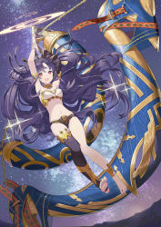 Rule 34 | 1girl, anklet, armlet, barefoot, black hair, breasts, detached sleeves, earrings, fate/grand order, fate (series), flying, heavenly boat maanna, highres, hoop earrings, ishtar (fate), jewelry, long legs, navel, open mouth, red eyes, single detached sleeve, single thighhigh, small breasts, smile, solo, thighhighs