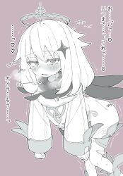 Rule 34 | 1girl, blush, breath, female focus, flat chest, genshin impact, greyscale with colored background, hair ornament, hairclip, halo, heart, highres, japanese text, knees together feet apart, leaning forward, long hair, long sleeves, looking at viewer, monochrome, nose blush, open mouth, outline, paimon (genshin impact), purple background, raised eyebrows, sakana tsuri, sex toy, short jumpsuit, sidelocks, simple background, solo, spoken heart, standing, sweat, talking, tears, translation request, trembling, vibrator, vibrator under clothes, white outline