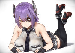 Rule 34 | 1girl, bare shoulders, black footwear, black gloves, black skirt, boots, breasts, checkered clothes, checkered necktie, checkered neckwear, collarbone, collared vest, eyepatch, full body, gloves, grey background, grey vest, headgear, highres, kantai collection, large breasts, looking at viewer, lying, necktie, on stomach, parted lips, partially fingerless gloves, pleated skirt, purple hair, revision, rudder footwear, short hair, sideboob, simple background, skirt, solo, speech bubble, striped clothes, striped skirt, tenryuu (kancolle), tenryuu kai ni (kancolle), thigh boots, thighhighs, uru (uru0000), vest, yellow eyes