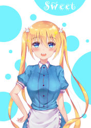 Rule 34 | 1girl, :d, akarin (pixiv6123092), apron, arm at side, blend s, blonde hair, blue eyes, blue shirt, blue skirt, blush, breasts, collared shirt, commentary request, dress shirt, frilled apron, frills, hair between eyes, hair ornament, hand on own hip, highres, hinata kaho, long hair, looking at viewer, medium breasts, open mouth, polka dot, polka dot background, puffy short sleeves, puffy sleeves, rabbit hair ornament, shirt, short sleeves, skirt, smile, solo, stile uniform, teeth, twintails, uniform, upper teeth only, very long hair, waist apron, waitress, white apron, white background