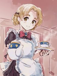 Rule 34 | 1girl, 4suke, alternate costume, apron, black bow, black dress, blue eyes, bow, bowtie, braid, brooch, closed mouth, collared dress, commentary, cup, dated, dress, enmaided, frilled apron, frills, girls und panzer, hair bow, highres, holding, holding saucer, holding teapot, indoors, jewelry, looking at viewer, maid, maid apron, one-hour drawing challenge, orange hair, orange pekoe (girls und panzer), parted bangs, red bow, red bowtie, saucer, short dress, short hair, sketch, smile, solo, standing, steam, teacup, teapot, twin braids, twitter username