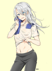 1boy absurdres aged_down big_cat_shan blue_eyes clothes_lift highres long_hair male_focus midriff navel open_mouth shirt_lift silver_hair smile sweat towel towel_around_neck viktor_nikiforov yuri!!!_on_ice