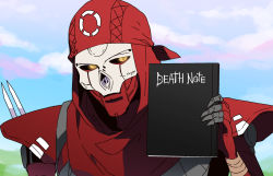 Rule 34 | 1boy, animification, apex legends, bandana, book, classic revenant, cloud, crossover, death note, death note (object), glowing, glowing eyes, holding, holding book, humanoid robot, looking to the side, mizu cx, no humans, orange eyes, red bandana, revenant (apex legends), robot, simulacrum (titanfall), sky, solo, upper body