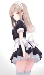 Rule 34 | 1girl, apron, back turned, bad id, bad twitter id, black shirt, black skirt, blonde hair, blush, bow, cowboy shot, grey background, hair ornament, hairclip, looking at viewer, looking back, maid, maid headdress, red eyes, shirt, simple background, skirt, solo, thighhighs, thighs, white background, white thighhighs