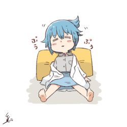 Rule 34 | 1girl, = =, barefoot, blue hair, collared shirt, commentary request, cushion, lab coat, personification, shirt, signature, sitting, skirt, sleeping, solo, spread legs, tsukigi, twitter