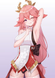 Rule 34 | 1girl, ;), ;p, absurdres, animal ears, arm behind head, armpits, commentary request, earrings, finger to mouth, fox ears, fox girl, genshin impact, gradient background, grey eyes, hair between eyes, hair ornament, highres, japanese clothes, jewelry, long hair, long sleeves, looking at viewer, mengxin huazha, nontraditional miko, one eye closed, pink hair, purple hair, sidelocks, simple background, smile, solo, thighhighs, tongue, tongue out, white thighhighs, yae miko