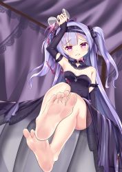 Rule 34 | 1girl, ajax (azur lane), azur lane, barefoot, blush, cup, drinking glass, feet, female focus, foot focus, from below, hair ribbon, hairband, highres, light purple hair, long hair, looking at viewer, parted lips, pov, purple eyes, ribbon, sitting, soles, solo, toes, twintails, wine glass
