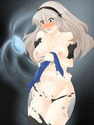 Rule 34 | 1girl, archived source, armor, blush, breasts, cleft of venus, collarbone, corrin (female) (fire emblem), corrin (fire emblem), covering breasts, covering privates, cowboy shot, crystal, dragonstone, embarrassed, fire emblem, fire emblem fates, fire emblem heroes, frown, gem, gluteal fold, grey hair, hair between eyes, headband, highres, long hair, medium breasts, navel, nintendo, nipples, nude, open mouth, pussy, red eyes, simple background, solo, surprised, thighhighs, thighs, torn clothes, transformation, tridisart, wardrobe malfunction, wide hips
