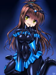 Rule 34 | 1girl, alternate eye color, arm support, bad end beauty, bad end beauty (cosplay), bad end precure, bat wings, beads, black bodysuit, blue background, blue theme, bodysuit, breasts, brown hair, corruption, cosplay, covered navel, dark persona, dress, earrings, evil smile, eyeshadow, female focus, gem, gloves, gradient background, hair beads, hair intakes, hair ornament, hand to own mouth, head tilt, high heels, jewelry, latex, latex dress, latex gloves, latex suit, long hair, makeup, microskirt, open \m/, precure, sen (sansui), shadow, shiny clothes, signature, sitting, skin tight, skirt, small breasts, smile, smile precure!, solo, tiara, to love-ru, topknot, turtleneck, wariza, wide sleeves, wings, yellow eyes, yuuki mikan