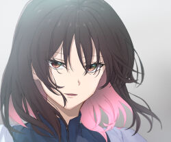 Rule 34 | 1girl, absurdres, black hair, brown eyes, close-up, colored inner hair, gradient background, grey background, highres, light (lightpicture33), looking at viewer, medium hair, multicolored hair, parted lips, pink hair, portrait, solo, yahari ore no seishun lovecome wa machigatteiru., yukinoshita haruno