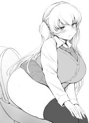 Rule 34 | 1girl, bathroom, blush, breasts, closed mouth, clothes lift, embarrassed, female focus, highres, large breasts, long hair, long sleeves, monochrome, necktie, original, plump, school uniform, shiina nami, simple background, sitting, skirt, skirt lift, solo, sweat, thick thighs, thighs, toilet, twintails, white background