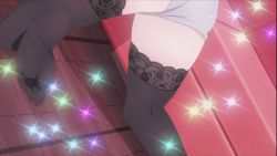 Rule 34 | 00s, 1girl, animated, animated gif, ass, black hair, black thighhighs, blush, breasts, clothes lift, hanging breasts, kanokon, lace, lace-trimmed legwear, lace trim, large breasts, long hair, minamoto chizuru, nipples, purple eyes, shirt lift, shorts, sparkle, thighhighs