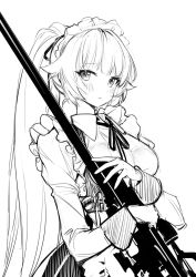 Rule 34 | 1girl, anti-materiel rifle, apron, blush, closed mouth, collared shirt, commentary request, fpanda, girls&#039; frontline, greyscale, gun, hair ribbon, highres, holding, holding gun, holding weapon, korean commentary, long hair, long sleeves, looking at viewer, maid, maid apron, maid headdress, monochrome, neck ribbon, ntw-20 (the aristocrat experience) (girls&#039; frontline), official alternate costume, original, ponytail, ribbon, rifle, shirt, simple background, sniper rifle, solo, underbust, very long hair, weapon, white background, wing collar