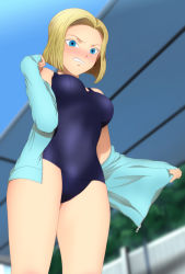 Rule 34 | 1girl, absurdres, android 18, angry, blonde hair, blue eyes, blush, breasts, clenched teeth, dragon ball, dragonball z, earrings, female focus, highres, jacket, jewelry, large breasts, legs, looking at viewer, short hair, sky, solo, standing, swimsuit, teeth, thighs, undressing, yadokari genpachirou