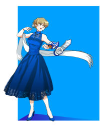 Rule 34 | 1girl, 203wolves, :d, bad id, bad pixiv id, blue background, blue dress, blue footwear, brown eyes, brown hair, dress, duel disk, evening gown, full body, hair between eyes, high heels, long dress, open mouth, pumps, sash, short hair, sleeveless, sleeveless dress, smile, solo, standing, tenjouin asuka, two-tone background, white background, yu-gi-oh!, yu-gi-oh! gx