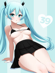 1girl 39 absurdres arm_support bare_shoulders bikini black_bikini black_bow black_skirt blush bow breasts collarbone commentary_request curvy double-parted_bangs dutch_angle feet_out_of_frame green_background green_eyes green_hair hair_between_eyes hair_bow hatsune_miku heart highres large_breasts leaning_back long_hair looking_at_viewer micro_bikini miniskirt nuta_ung open_mouth pleated_skirt simple_background sitting skindentation skirt solo swimsuit thighs twintails very_long_hair vocaloid