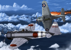 Rule 34 | a6m zero, aircraft, beroberoman, bomb, cloud, dive bomber, explosive, fire, fire, historical event, imperial japanese navy, military, military vehicle, original, roundel, sbd dauntless, smoke, star (symbol), united states navy, world war ii