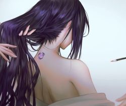 Rule 34 | 1girl, back, back focus, dressing, expansion (pixiv76138286), facing away, from behind, genshin impact, hairdressing, hand in another&#039;s hair, holding another&#039;s hair, long hair, makeup brush, mitsudomoe (shape), nape, neck tattoo, off shoulder, out of frame, purple hair, raiden shogun, shoulder blades, simple background, solo focus, tattoo, tomoe (symbol), upper body