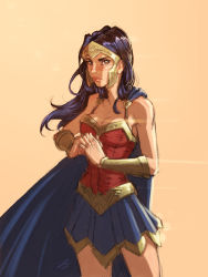 Rule 34 | 1girl, amazon warrior, armor, black hair, blue cape, cape, dc comics, fist in hand, highres, long hair, looking at viewer, pteruges, simple background, solo, vambraces, wonder woman, wonder woman (series)
