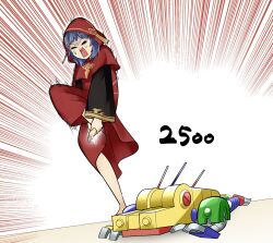 Rule 34 | 1girl, 1other, barefoot, block dragon, blue hair, closed eyes, duel monster, emphasis lines, full body, gameplay mechanics, highres, holding feet, hood, injury, leg up, lo the prayers of the voiceless voice, on floor, red robe, robe, sawan cutman, screaming, tearing up, toy block, yu-gi-oh!