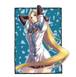 Rule 34 | 1girl, absurdres, arms behind head, arms up, black gloves, blonde hair, blue eyes, blue headband, bottomless, breasts, buckle, closed mouth, commentary request, cowboy shot, elbow gloves, fingerless gloves, fish.boy, from below, gloves, guilty gear, headband, highres, long hair, long shirt, looking at viewer, looking down, medium breasts, millia rage, outline, prehensile hair, shirt, solo, standing, strap, very long hair, white outline, white shirt
