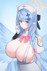 Rule 34 | 1girl, absurdres, aoi riko, black ribbon, blue archive, blue hair, blue wings, blush, bow, bowtie, braid, breasts, cleavage, closed mouth, dress, gloves, green eyes, hair ornament, hair ribbon, halo, hat, highres, huge breasts, long hair, long sleeves, looking at viewer, mine (blue archive), multicolored hair, nurse, nurse cap, pink bow, pink bowtie, pink hair, pointy ears, ribbon, side braids, solo, suspenders, upper body, white gloves, white hat, wings, x hair ornament