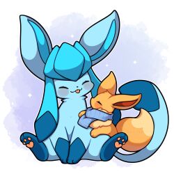 Rule 34 | animal focus, blue hair, blush, closed eyes, creatures (company), eevee, evolutionary line, game freak, gen 1 pokemon, gen 4 pokemon, glaceon, nintendo, no humans, pokemon, pokemon (creature), scarf, sevi (seviyummy), sidelocks, sitting, smile, tongue, tongue out