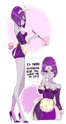 Rule 34 | 1girl, absurdres, animal ears, apron, blue hair, breasts, cleavage, dc comics, dress, duster, english text, evarose, high heels, highres, holding, holding duster, maid, maid apron, maid headdress, purple eyes, purple hair, purple lips, rabbit ears, rabbit tail, raven (dc), short hair, speech bubble, tail, teen titans