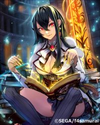 Rule 34 | 1girl, ass, belt, black hair, book, book stack, breasts, cleavage, cleavage cutout, clothing cutout, earrings, jewelry, large breasts, long hair, looking at viewer, magic, official art, open book, original, parted lips, red eyes, settyaro, sitting, smile, solo, thighhighs