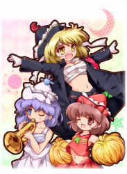 Rule 34 | 3girls, ;d, bad id, bad pixiv id, blonde hair, blue eyes, breasts, brown eyes, brown hair, cheerleader, cleavage, coat, crescent, female focus, frills, gloves, happy, hat, instrument, lunasa prismriver, lyrica prismriver, medium breasts, merlin prismriver, midriff, miniskirt, multiple girls, navel, one eye closed, open mouth, outstretched arms, pom pom (cheerleading), purple hair, red skirt, sarashi, short hair, siblings, sisters, skirt, small breasts, smile, spread arms, star (symbol), touhou, trench coat, trumpet, white gloves, white skirt, wink, yellow eyes, zipang (zip@ng works)