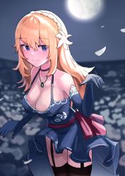 Rule 34 | 1girl, arm up, bare shoulders, black thighhighs, blonde hair, blue dress, blue eyes, blurry, blurry background, blush, braid, breasts, choker, cleavage, closed mouth, commission, dress, elbow gloves, evening gown, feet out of frame, field, flower, flower field, garter belt, garter straps, girls&#039; frontline, gloves, highres, jewelry, leaning forward, long hair, looking at viewer, medium breasts, moon, mosin-nagant (girls&#039; frontline), mosin-nagant (moonlit ocean) (girls&#039; frontline), necklace, official alternate costume, petals, purple choker, ring, smile, solo, solokitsune, standing, thighhighs