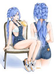 Rule 34 | 1girl, arm support, artist name, ass, bandeau, bare arms, bare legs, bare shoulders, blue eyes, blue hair, bra, braid, breasts, candy, chaesu, chair, collarbone, commentary, cornrows, cup, denim, disposable cup, drinking, drinking straw, facing away, food, french braid, from behind, highres, holding, holding cup, legs together, lollipop, long hair, looking at viewer, medium breasts, midriff, bae minah (chaesu), multicolored eyes, multiple views, nape, no socks, original, overall shorts, overalls, product placement, projected inset, shoes, signature, simple background, sitting, sleeveless, sneakers, standing, strapless, symbol-only commentary, thighs, tsurime, tube top, twin braids, twintails, underwear, very long hair, white background, white bra, white footwear