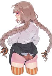 Rule 34 | 1girl, ahoge, ass, black panties, black skirt, blue eyes, blush, braid, closed mouth, clothes lift, commentary, cropped legs, dress shirt, embarrassed, english commentary, floating hair, from behind, highres, kizuna akari, lace, lace-trimmed panties, lace trim, light brown hair, long hair, looking at viewer, looking back, multicolored clothes, multicolored panties, orange panties, orange thighhighs, panties, pleated skirt, shirt, shirt tucked in, simple background, skirt, skirt lift, sleeves rolled up, solo, striped clothes, striped thighhighs, sweatdrop, thighhighs, thighs, toriniku29, twin braids, underwear, vertical-striped clothes, vertical-striped thighhighs, vocaloid, voiceroid, white background, white shirt