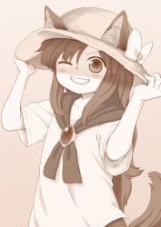 Rule 34 | 1girl, aged down, animal ears, blush, brooch, clenched teeth, ears through headwear, gradient background, grin, hat, hat tug, imaizumi kagerou, jewelry, long hair, monochrome, one eye closed, poronegi, smile, solo, tail, teeth, touhou, wolf ears, wolf tail
