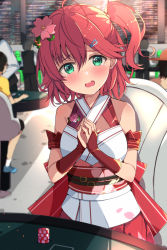 Rule 34 | 1girl, ahoge, armband, bare shoulders, belt, belt buckle, blush, breasts, brooch, buckle, casino, cherry blossoms, cleavage, cleavage cutout, clothing cutout, coin, detached sleeves, flower, green eyes, hair between eyes, hair flower, hair ornament, hairclip, highres, hololive, indoors, jewelry, looking at viewer, medium breasts, medium hair, mi taro333, nontraditional miko, one side up, open mouth, own hands clasped, own hands together, pink hair, sakura miko, sakura miko (old design), side ponytail, sitting, solo, solo focus, tears, virtual youtuber, wavy mouth