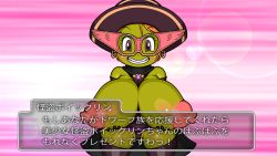 Rule 34 | 1girl, blush, breasts, brown eyes, brown hair, cat3 (a-), colored skin, dragon quest, dragon quest x, dwarf (dq10), facing viewer, green skin, grin, hat, huge breasts, looking at viewer, mask, smile, solo, text focus, translation request