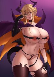 Rule 34 | alternate costume, artoria pendragon (fate), artoria pendragon (lancer) (fate), breasts, cape, collar, fate/grand order, fate (series), functionally nude, halloween, halloween costume, highres, horns, huge breasts, large areolae, large nipples, nekosama shugyouchuu, nipples, revealing clothes, tail