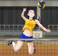 Rule 34 | 1girl, ball, blue hair, breasts, commentary, dark blue hair, gym, highres, holding, holding ball, hyuuga hinata, long hair, looking up, luizhtx, midair, midriff, naruto, naruto (series), naruto shippuuden, navel, playing sports, ponytail, purple eyes, solo, sportswear, tank top, volleyball, volleyball (object), volleyball net, volleyball uniform