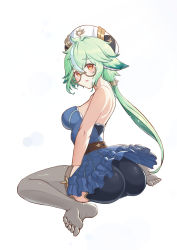 Rule 34 | 1girl, absurdres, artist request, ass, bare shoulders, bike shorts, blush, breasts, corset, from behind, genshin impact, glasses, green hair, hat, highres, large breasts, long hair, looking at viewer, low ponytail, multicolored hair, open mouth, orange eyes, ponytail, shiny clothes, shiny skin, sideboob, sitting, skirt, solo, sucrose (genshin impact), thighhighs, very long hair, wariza