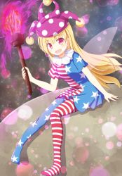 Rule 34 | 1girl, american flag dress, american flag legwear, blonde hair, blush, clownpiece, fairy wings, hat, jester cap, long hair, looking at viewer, moon, nenosame (nenosame5 ), open mouth, pantyhose, print pantyhose, red eyes, short sleeves, sitting, smile, solo, star (symbol), striped clothes, striped pantyhose, touhou, wings