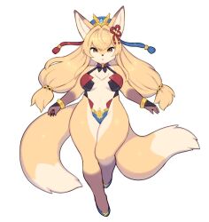 Rule 34 | 1girl, :o, a-pose, animal ears, animal hands, animal nose, bare arms, bare legs, bare shoulders, blonde hair, blue footwear, blue hat, bracelet, breasts, floating hair, fox ears, fox girl, fox tail, full body, furry, furry female, hair between eyes, hat, highleg, highleg leotard, highres, jewelry, legs together, leotard, long hair, looking at viewer, medium breasts, multiple tails, orange eyes, original, shoes, sidelocks, simple background, solo, standing, standing on one leg, straight-on, tail, two tails, v-shaped eyebrows, white background, wide hips, wkar, yellow fur