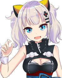 Rule 34 | 1girl, :d, bad id, bad twitter id, bare shoulders, black dress, blue eyes, blunt bangs, blush, breasts, cleavage, cleavage cutout, clothing cutout, coraman, dress, eyebrows, eyelashes, facing viewer, hair ornament, hairclip, head tilt, highres, kaguya luna, large breasts, long hair, looking at viewer, medium breasts, obi, open mouth, sash, sidelocks, silver hair, simple background, smile, solo, teeth, the moon studio, tongue, tsurime, turtleneck, twintails, upper body, virtual youtuber, white background, wristband