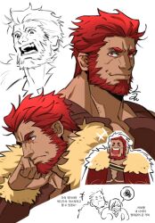 2boys ^_^ bara beard chibi chibi_inset closed_eyes collage cropped_torso dark-skinned_male dark_skin doodle_inset expressions facial_hair fate/zero fate_(series) iskandar_(fate) jaeun90_(lju90) korean_commentary korean_text large_pectorals light_blush looking_at_viewer mature_male multiple_boys muscular muscular_male pectorals red_eyes spoken_squiggle squiggle standing thick_eyebrows thick_neck thinking translation_request waver_velvet