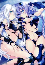 Rule 34 | 2girls, absurdres, aqua eyes, armor, bare shoulders, black heart (neptunia), black legwear, blue eyes, blush, bodysuit, braid, breasts, breasts apart, bright pupils, covering breasts, covering one breast, covering privates, elbow gloves, embarrassed, faulds, from above, from side, frown, gloves, hair between eyes, hand on own thigh, head tilt, highres, kneepits, legs together, leotard, long hair, lying, medium breasts, multiple girls, navel, neptune (neptunia), neptune (series), noire (neptunia), official art, on back, on side, power symbol-shaped pupils, purple hair, purple heart (neptunia), scan, shin jigen game neptune vii, skin tight, stomach, symbol-shaped pupils, thighhighs, thighs, torn bodysuit, torn clothes, torn gloves, torn legwear, torn leotard, tsunako, twin braids, v-shaped eyebrows, very long hair, wavy hair, white hair