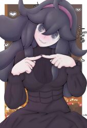 Rule 34 | 1girl, @ @, absurdres, ahoge, blush, border, breasts, confession, creatures (company), dress, embarrassed, game freak, hairband, heart, hex maniac (pokemon), highres, index fingers together, large breasts, looking at viewer, medium breasts, messy hair, nail polish, nintendo, nobori (nobori916), outside border, pokemon, pokemon xy, purple dress, purple hair, signature, solo, wavy mouth, white border