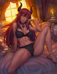 Rule 34 | 1girl, airomed, barefoot, bed, black bra, black panties, borrowed character, bra, breasts, breasts apart, cleavage, collar, feet, highres, horns, indoors, large breasts, long hair, looking at viewer, navel, on bed, original, panties, parted lips, partially visible vulva, pillow, red hair, sitting, slit pupils, solo, speh, spread legs, sweat, thighs, underwear, underwear only, yellow eyes